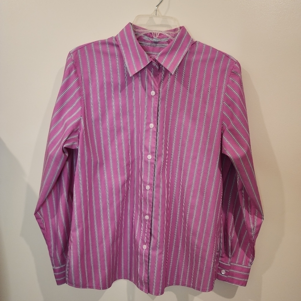 FOXCROFT Button Front Pink White Blue Striped Collard Shirt Wrinkle Resisted Sz8